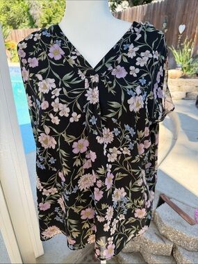 Black Floral V-Neck Blouse with Pink & Green Flowers